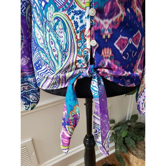 Chico's Shirt Top Women 0 Multicolor Cold Shoulder Sleeve Keyhole Back Tie Hem - Picture 9 of 11